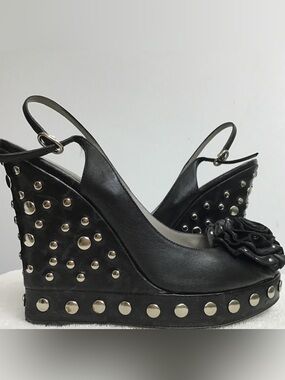 Valentino Black Studded Wedge Slingback Pumps